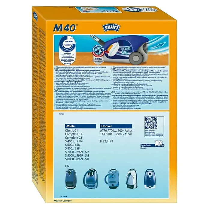 Swirl Staubsaugerbeutel M 40 EcoPor4 Stk., Passend für: Staubsauger von Hoover/Miele - Swirl M40 Staubsaugerbeutelpackung mit Staubfilter und Anti-Bac-System für Miele und Hoover Staubsauger.
