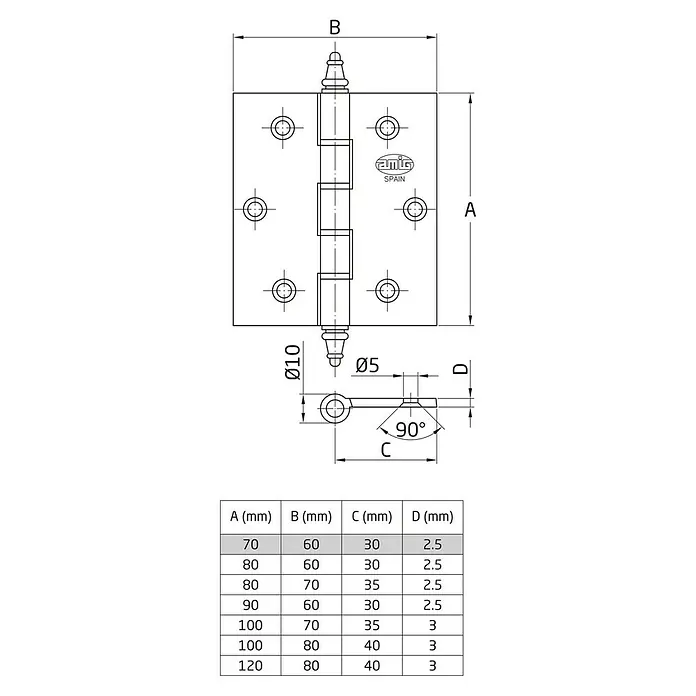 Bisagra 1008 - L x An: 70 x 60 mm, Cromado, 1 ud. - Dibujo técnico de una bisagra de puerta con dimensiones y especificaciones para diferentes tamaños.