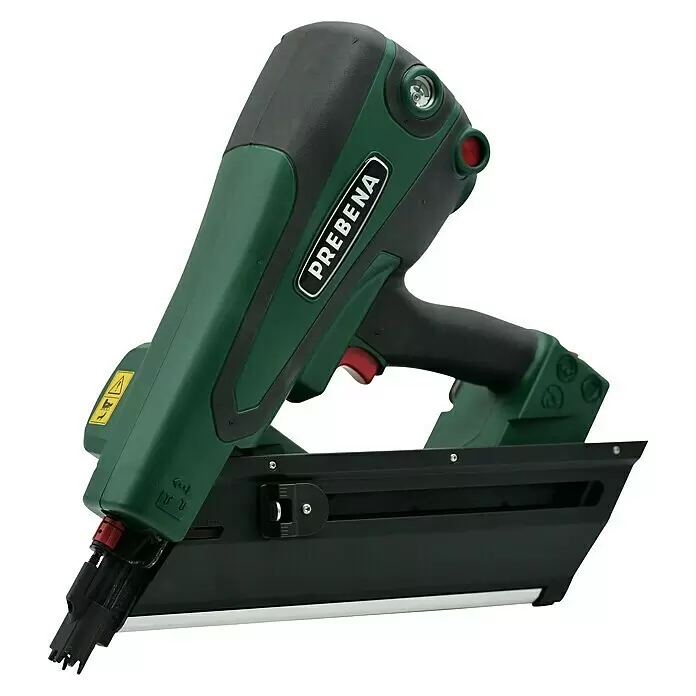 Prebena Akku-Nagler PKT-8-PR100 (auch Druckluft-Betrieb) - 18 V, Ohne Akku, Länge Nagel: 65 mm - 100 mm - Grüne und schwarze PREBENA Nagelpistole mit Nagelmagazin, Griff und Bedientasten.