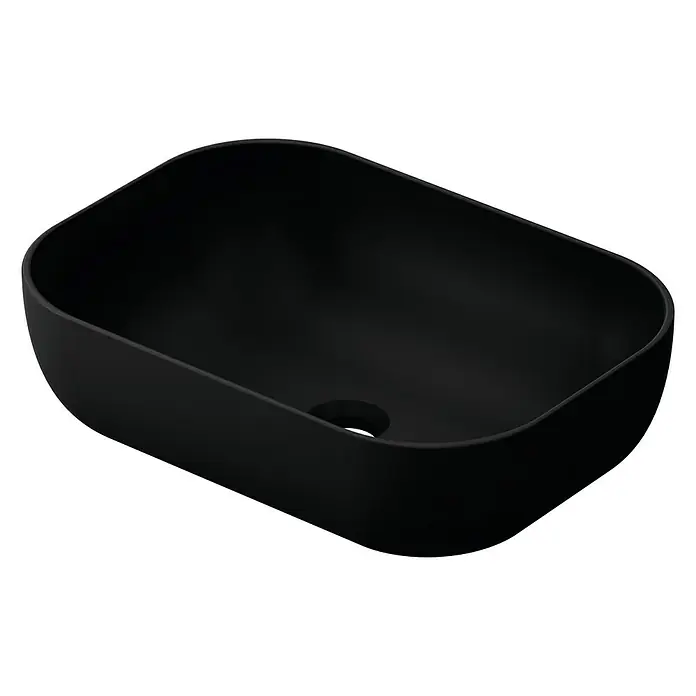Conjunto de mueble de baño Akua - 100 cm, Negro, 4 pzs. - Lavabo negro sobre encimera con esquinas redondeadas y orificio de desagüe central para baños modernos.