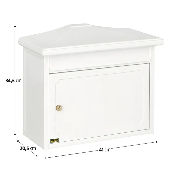 Burg-Wächter Wandbriefkasten Kopenhagen 882 - L x B x H: 20,5 x 41 x 34,5 cm, Weiß, Stahl, Öffnungsstopp - Weiße Eckbriefkasten mit den Maßen 34,5 cm Höhe, 20,5 cm Tiefe und 41 cm Breite.