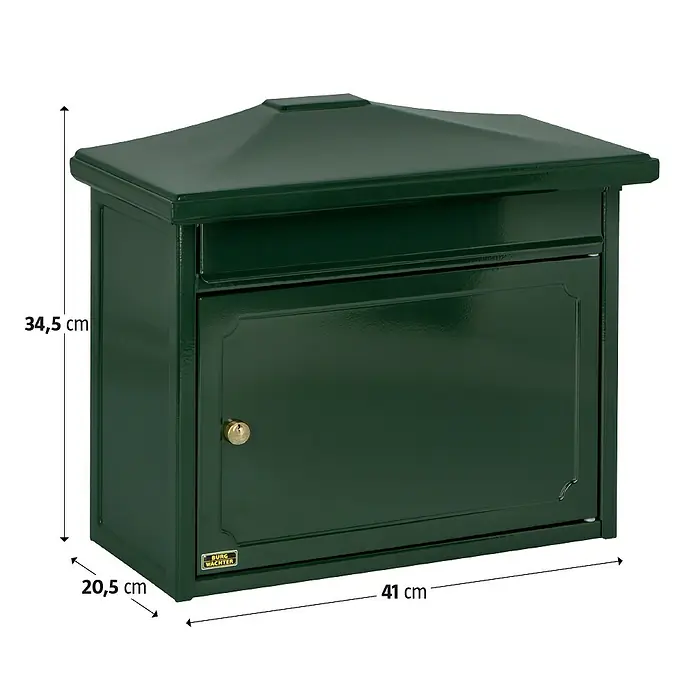 Burg-Wächter Wandbriefkasten Kopenhagen 882 - L x B x H: 20,5 x 41 x 34,5 cm, Grün, Stahl, Öffnungsstopp - Abbildung eines grünen BURG-WÄCHTER Briefkastens mit Größenangaben.
