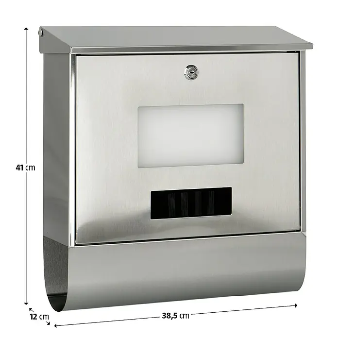 Portaferm Wandbriefkasten Solar - L x B x H: 12 x 38,5 x 41 cm, Silber, Edelstahl, Zeitungsfach - Bild einer modernen Edelstahl-Briefkasten mit den Maßen 41 cm Höhe, 38,5 cm Breite und 12 cm Tiefe für den Außenbereich.