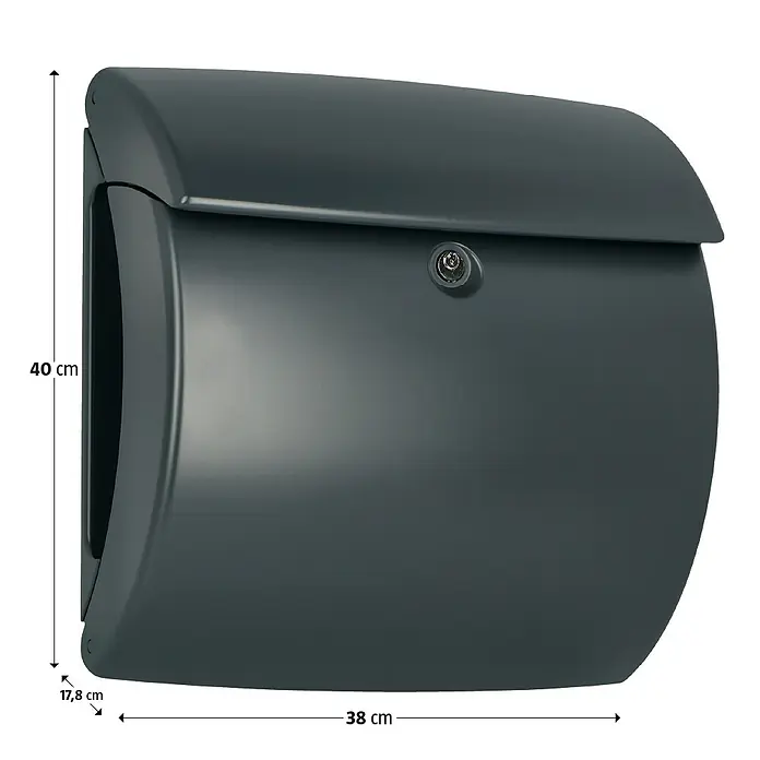 Burg-Wächter Wandbriefkasten Pearl 886 - L x B x H: 17,8 x 38 x 40 cm, Granit, Kunststoff, Zeitungsfach - Ein grauer Briefkasten mit den Maßen 40 cm Höhe, 38 cm Breite und 17,8 cm Tiefe.