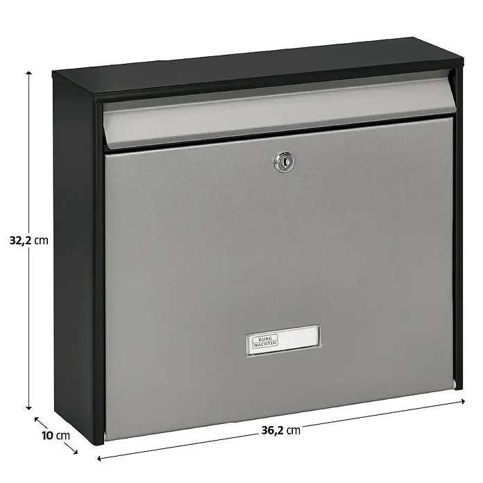 Burg-Wächter Wandbriefkasten Oxford - L x B x H: 10 x 36,2 x 32,2 cm, Schwarz, Silber, Stahl, Öffnungsstopp - Bild eines Briefkastens in Silber mit den Maßen 36,2 cm Breite, 32,2 cm Höhe und 10 cm Tiefe.