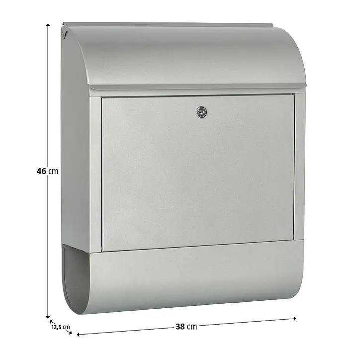 Burg-Wächter Wandbriefkasten Scandic - L x B x H: 12,5 x 38 x 46 cm, Silber, Stahl, Zeitungsfach - Ein silberfarbener Briefkasten mit den Maßen 46 cm Höhe, 38 cm Breite und 12,5 cm Tiefe.