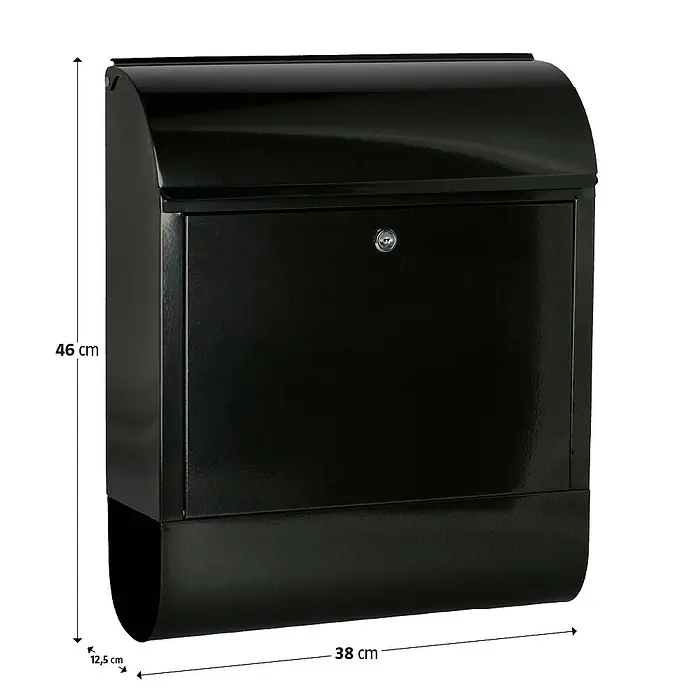 Burg-Wächter Wandbriefkasten Scandic - L x B x H: 12,5 x 38 x 46 cm, Schwarz, Stahl, Zeitungsfach - Bild einer schwarzen Briefkasten mit den Maßen 46 x 38 x 12,5 cm.