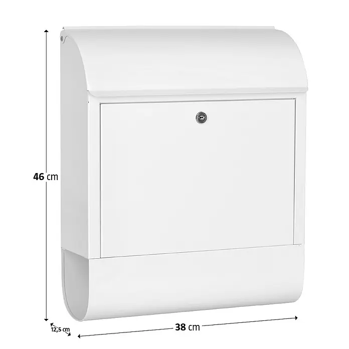 Burg-Wächter Wandbriefkasten Scandic - L x B x H: 12,5 x 38 x 46 cm, Weiß, Stahl, Zeitungsfach - Bild eines weißen Briefkastens mit Abmessungen.