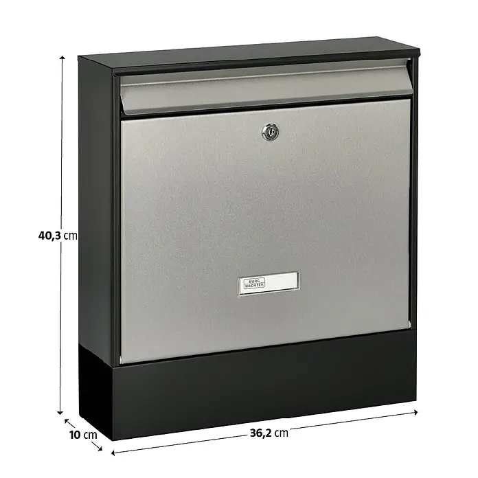 Burg-Wächter Wandbriefkasten Oxford - L x B x H: 10 x 36,2 x 40,3 cm, Schwarz, Silber, Stahl, Zeitungsfach - Bild eines modernen Briefkastens mit den Maßen 40,3 cm Höhe, 36,2 cm Breite und 10 cm Tiefe.