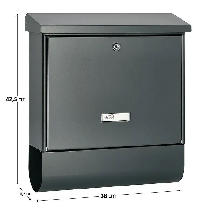 Burg-Wächter Wandbriefkasten Nordland - L x B x H: 11,5 x 38 x 42,5 cm, Anthrazit, Stahl, Zeitungsfach - Abbildung eines grauen Burg Wächter Briefkastens mit den Maßen 42,5 x 38 x 11,5 cm.