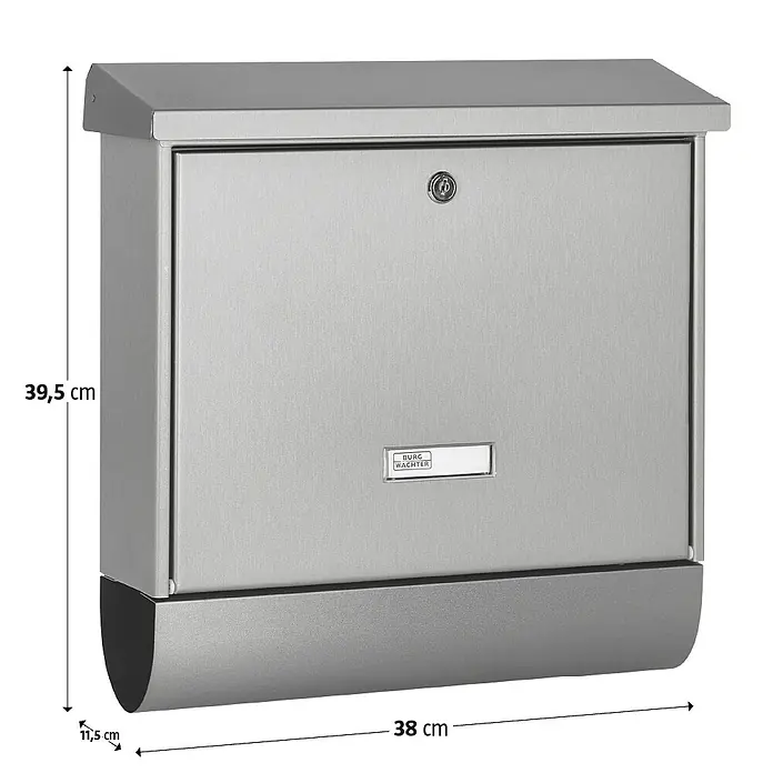 Burg-Wächter Wandbriefkasten Inoxstar - L x B x H: 11,5 x 38 x 39,5 cm, Silber, Edelstahl, Zeitungsfach - Ein grauer Briefkasten aus Edelstahl mit den Maßen 39,5 x 38 x 11,5 cm für den Außenbereich.