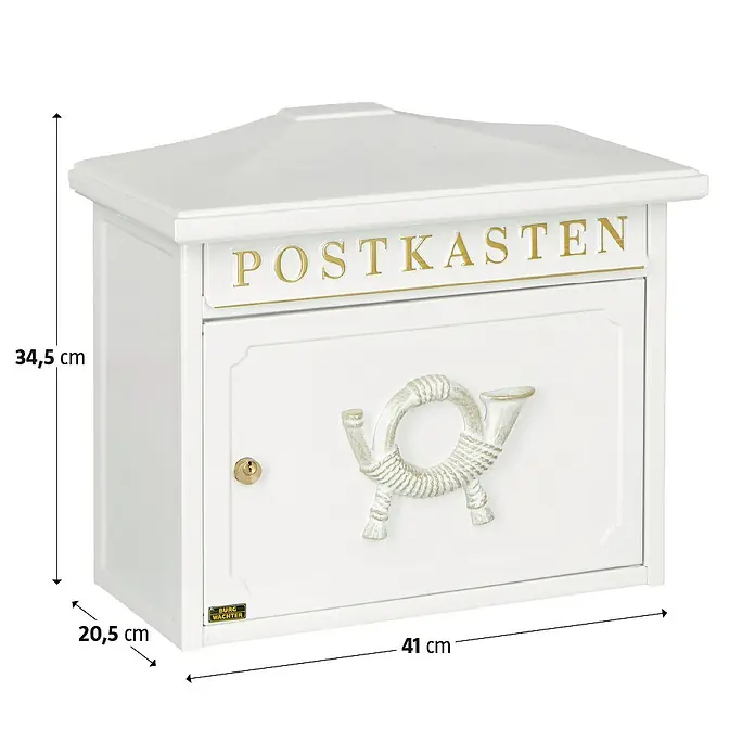 Burg-Wächter Wandbriefkasten Sylt - L x B x H: 20,5 x 41 x 34,5 cm, Weiß, Stahl - Ein weißer Burg Wächter Postkasten mit Hornmotiv und goldenem "Postkasten"-Schriftzug.