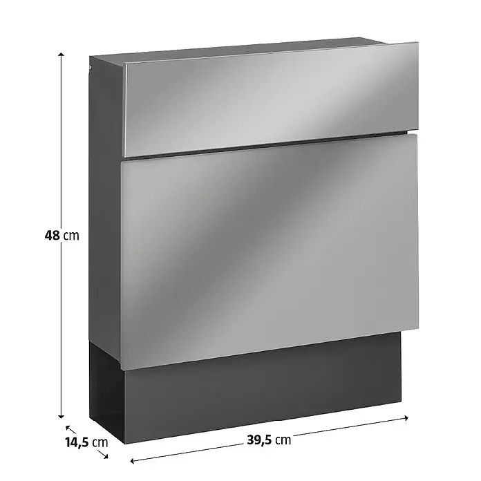 Portaferm Wandbriefkasten Quintus - L x B x H: 14,5 x 39,5 x 48 cm, Silber, Stahl, Zeitungsfach - Bild eines modernen grauen Briefkastens mit klaren Linien und den Maßen 48 cm Höhe, 39,5 cm Breite und 14,5 cm Tiefe.