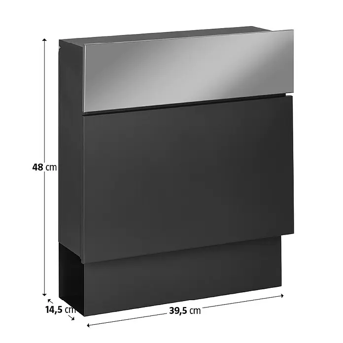Portaferm Wandbriefkasten Quintus - L x B x H: 14,5 x 39,5 x 48 cm, Grau, Stahl, Zeitungsfach - Bild eines modernen Briefkastens in Schwarz und Silber mit Größenangaben.
