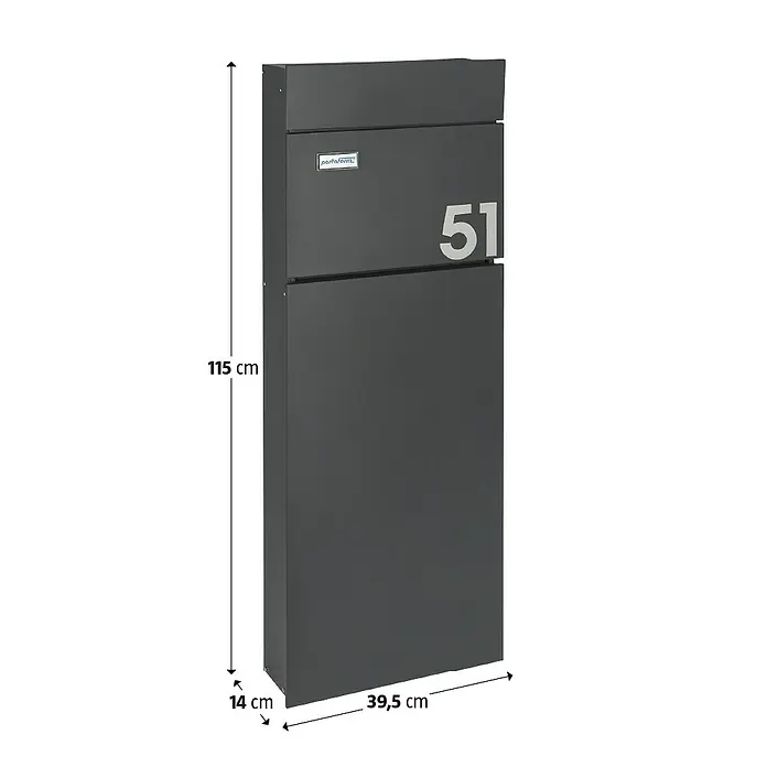 Portaferm Standbriefkasten Maximus - L x B x H: 14 x 39,5 x 115 cm, Anthrazit, Stahl, Namensschild - Bild eines anthrazitfarbenen Briefkastens mit den Maßen 115 x 39,5 x 14 cm.