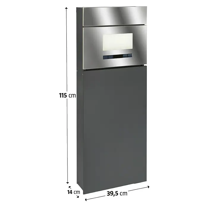 Portaferm Standbriefkasten Maximus - L x B x H: 14 x 39,5 x 115 cm, Anthrazit, Stahl, Hausnummernfeld - Wandmontierter Wasserspender in Grau und Silber mit den Maßen 115 cm Höhe, 39,5 cm Breite und 14 cm Tiefe.