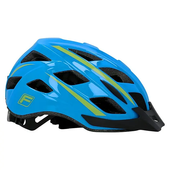 Fischer Fahrradhelm Urban Montis - S/M 52 - 59 cm, Blau - Blauer Fahrradhelm mit grünen Streifen und schwarzem Visier für optimalen Schutz und Komfort beim Radfahren.
