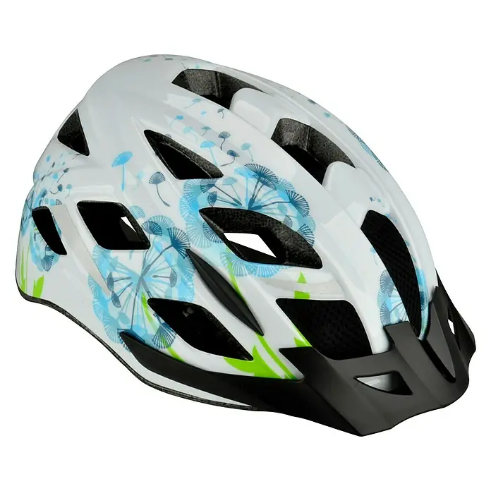 Fischer Fahrradhelm Urban Flower - S/M 52 - 59 cm - Weißer Fahrradhelm mit blauem und grünem Blumenmuster für optimalen Schutz bei Radtouren. Komfortabel und sicher.