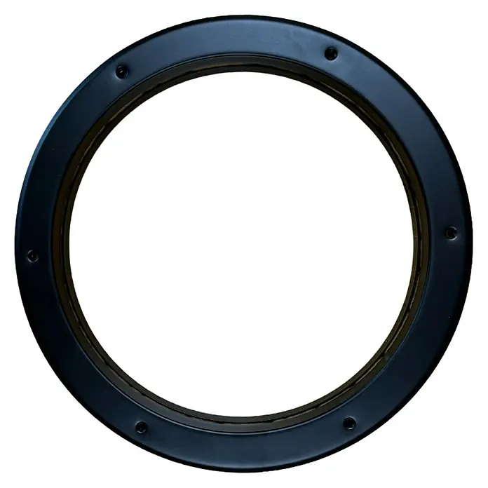Mottez Bullauge - Metall, Schwarz, Optik Glas: Klarglas, Durchmesser: 26 cm - Nahaufnahme eines kreisförmigen, schwarzen Bullauges mit sichtbaren Schrauben und einer gummierten Innenseite, ideal als Gestaltungselement.