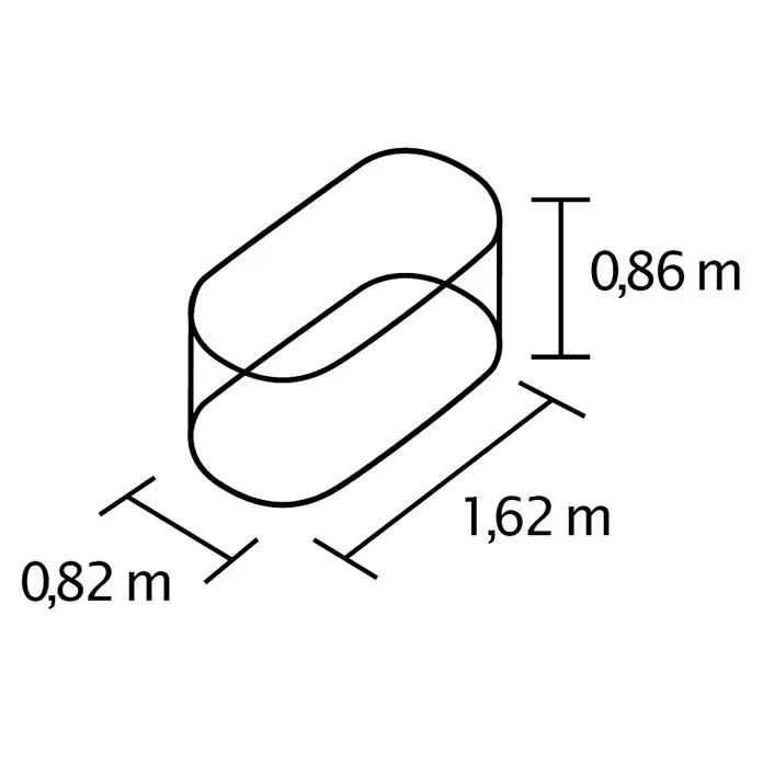 Vitavia Hochbeet Terra 858 - 162 x 82 x 85,8 cm, Zincalume®, Blank - Abbildung eines abgerundeten Quaders mit den Maßen 0,86 m Höhe, 1,62 m Länge und 0,82 m Breite zur Veranschaulichung.