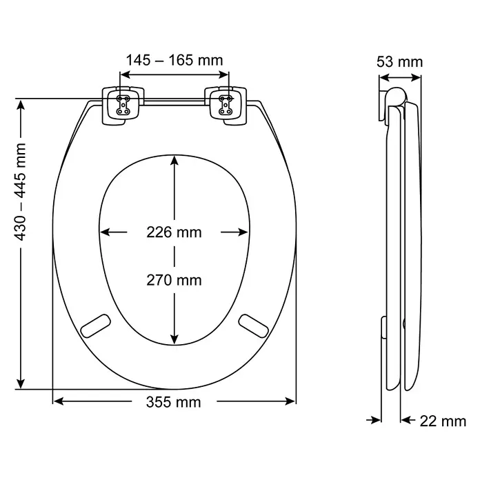 Camargue Empire WC-Sitz 2.0 - Duroplast, Weiß, Mit Absenkautomatik - Technische Zeichnung eines Toilettensitzes mit Bemaßungen für Breite, Länge und Höhe zur einfachen Montage.