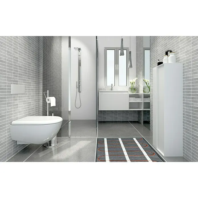 Admiral E-Power Fußbodenheizung Comfort - L x B: 36 x 0,5 m, Beheizbare Fläche: 18 m², 135 W - Ein modernes Badezimmer mit einer stilvollen Fußbodenheizung, die Komfort und Wärme in das elegante Design bringt.