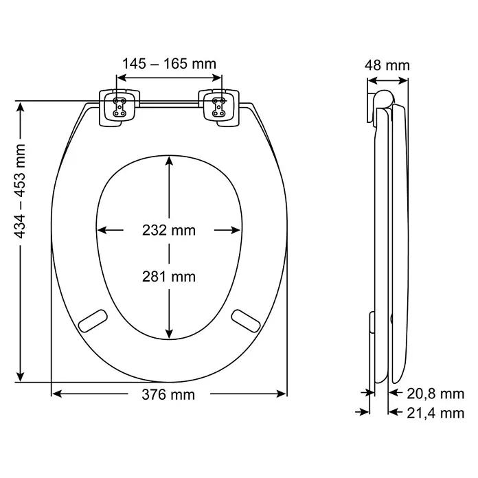 Poseidon WC-Sitz Mahe - Duroplast, Weiß, Mit Absenkautomatik - Technische Zeichnung eines WC-Sitzes mit Bemaßungen für Länge, Breite und Höhe, zur Produktinformation.