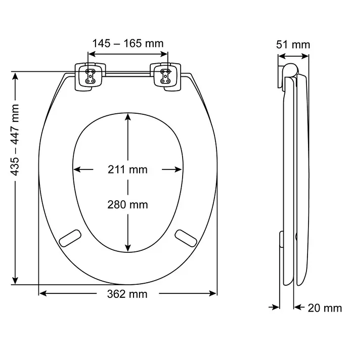 WC-Sitz Kailua Beach - Duroplast, Weiß, Mit Absenkautomatik - Technische Zeichnung eines Toilettensitzes mit Bemaßungen. Die Abmessungen sind 435-447mm x 362mm x 51mm.