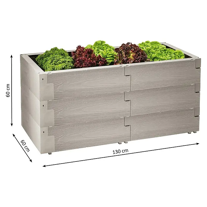 Juwel Hochbeet Timber - 130 x 60 x 60 cm, Kunststoff - Bild eines rechteckigen, erhöhten Pflanzbeets aus grauem Holz mit verschiedenen Salatsorten, mit Maßangaben.