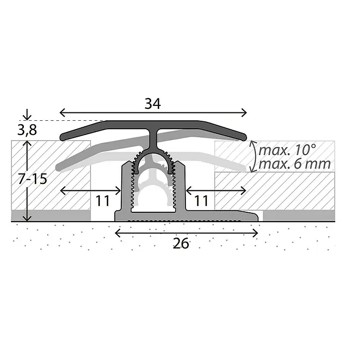 LOGOCLIC Übergangsprofil 303 - Sahara, 0,9 m x 34 mm, Montageart: Stecken - Skizze eines Übergangsprofils mit Maßangaben. Ideal zum Ausgleichen von Bodenhöhenunterschieden bis max. 10° und 6 mm.