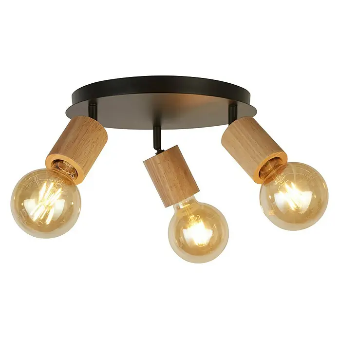 Searchlight Spinny Deckenstrahler - 180 W, L x B x H: 42 x 42 x 15 cm, Schwarz, E27, 3 Stk. - Deckenleuchte mit drei Spots. Die Leuchte hat ein schwarzes Gehäuse und drei Holzspots mit Glühbirnen.
