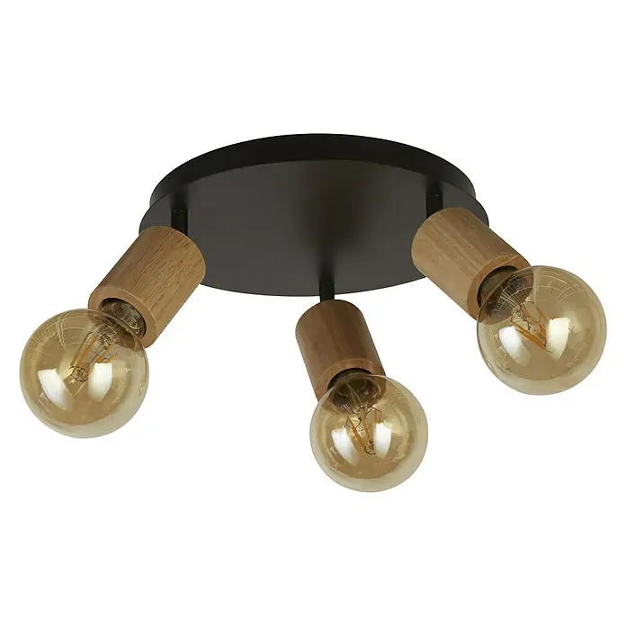 Searchlight Spinny Deckenstrahler - 180 W, L x B x H: 42 x 42 x 15 cm, Schwarz, E27, 3 Stk. - Diese Deckenleuchte mit drei Strahlern bietet ein modernes Design mit Holzdetails und warmem Licht für eine gemütliche Atmosphäre.