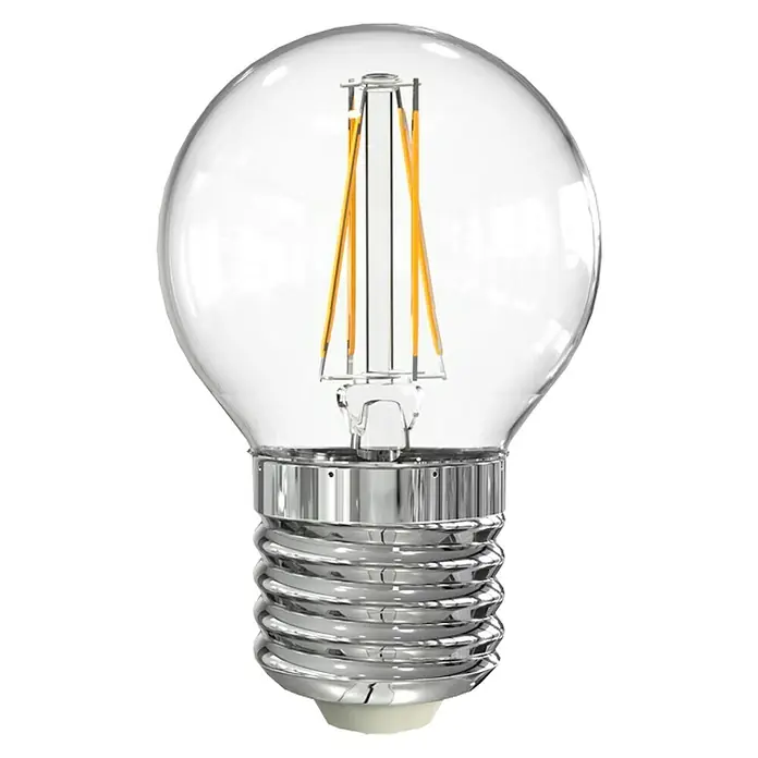 Garza Bombilla LED - E27, No regulable, Blanco cálido, 470 lm, 4 W - Primer plano de una bombilla LED transparente estilo Edison con base plateada, combinando tecnología moderna con estética vintage.