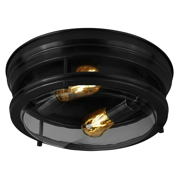 Searchlight Deckenleuchte rund Glasgow - 120 W, Ø x H: 35 x 14,5 cm, Schwarz, E27 - Schwarze Deckenleuchte mit drei Edison-Glühbirnen hinter einer Glasabdeckung.