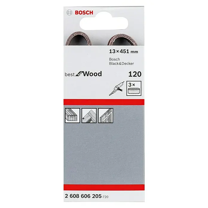 Bosch Set de bandas de lija X440 Best for Wood and Paint - An x L: 13 x 457 mm, Grano: 120 mm, 3 ud. - Imagen de un paquete de bandas de lija Bosch para madera, 13x451 mm, grano 120, adecuado para lijadoras Bosch y Black&Decker.