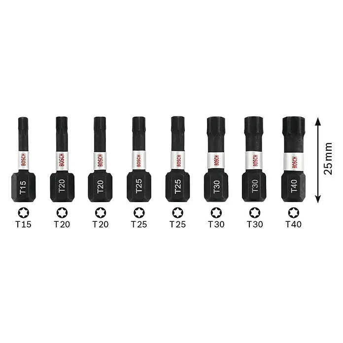 Bosch Set de puntas Impact Control - 8 pzs. - Un primer plano de varias puntas Torx de Bosch, tamaños T15 a T40, con marcas de tamaño y el logotipo de Bosch en cada punta.