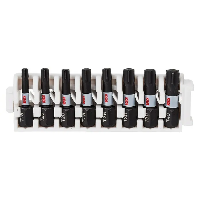 Bosch Set de puntas Impact Control - 8 pzs. - Un juego de puntas de destornillador Torx de Bosch en varios tamaños, ordenadas en un soporte blanco para facilitar el acceso.