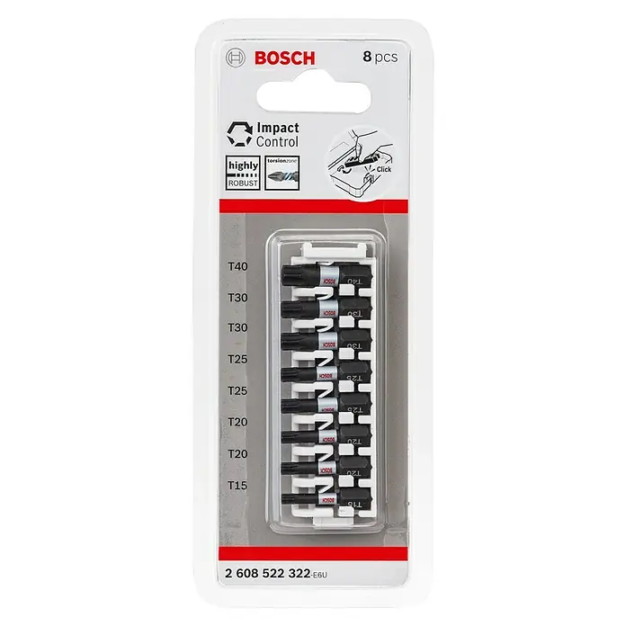 Bosch Set de puntas Impact Control - 8 pzs. - Un juego de puntas Bosch Impact Control de 8 piezas, que consta de diferentes puntas Torx en un práctico embalaje de almacenamiento.