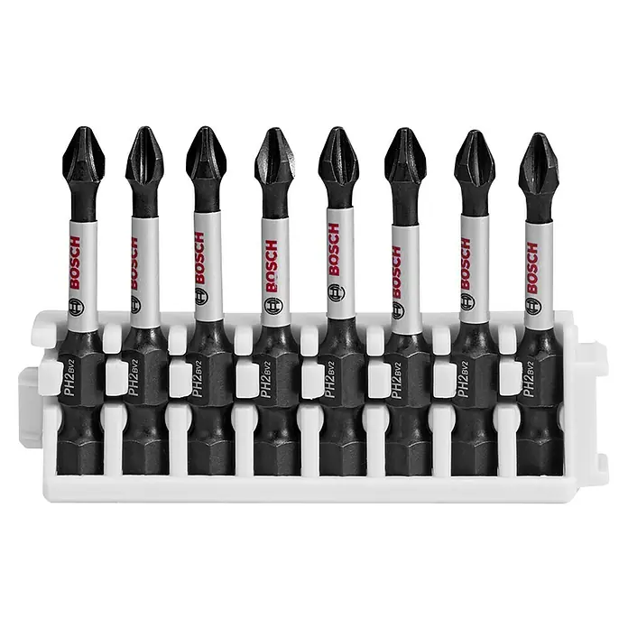 Bosch Set de puntas Impact Control - PH 2, Longitud de punta: 50 mm, 8 ud. - Un juego de ocho puntas de destornillador Bosch PH2BV2 ordenadas en un soporte blanco, listas para un uso versátil.