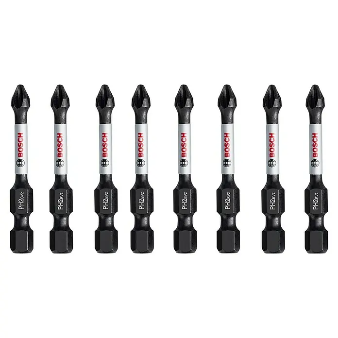 Bosch Set de puntas Impact Control - PH 2, Longitud de punta: 50 mm, 8 ud. - Primer plano de ocho puntas de destornillador Bosch PH2BV2, destacables por su diseño robusto y la marca Bosch en rojo.