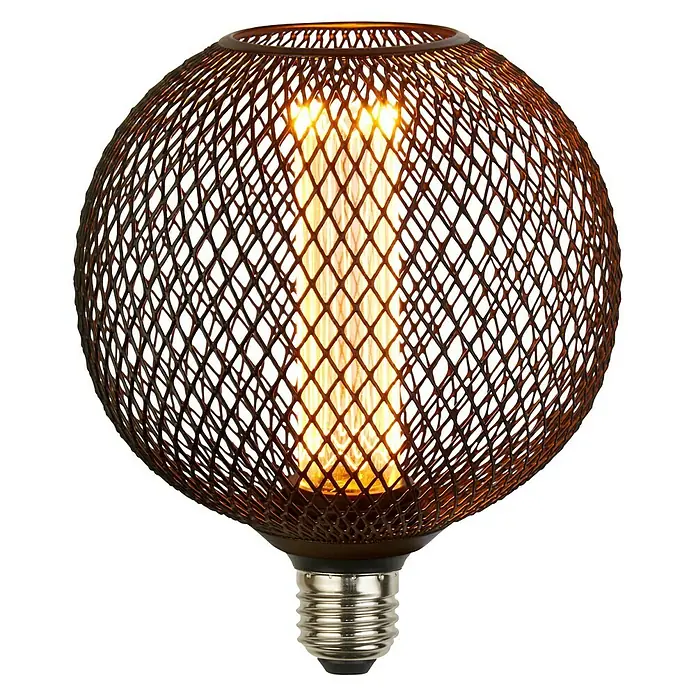 Searchlight LED-Lampe Kugel Filigran - E27, Dimmbar, Bernstein, 120 lm, 3,5 W, Schwarz - Diese dekorative Globe-Lampe mit ihrem rostfarbenen Metallgeflecht ist ein Blickfang und sorgt für stimmungsvolles Licht.