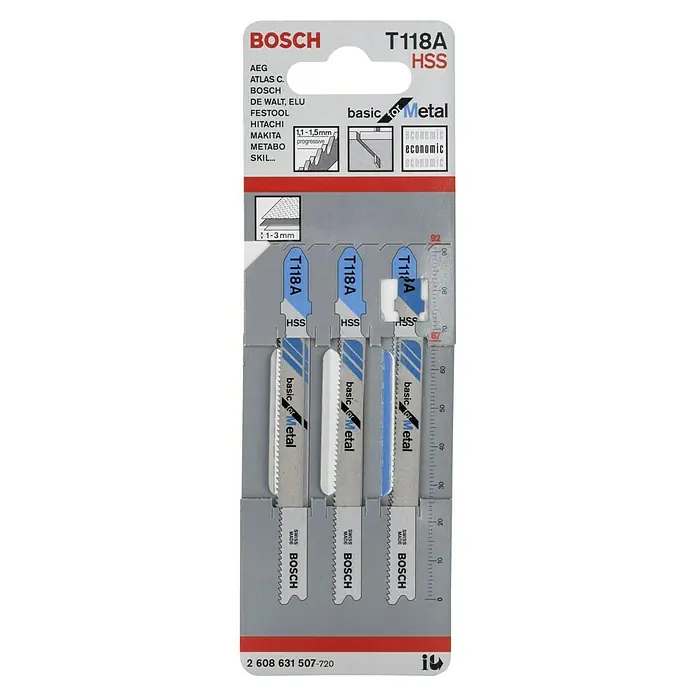 Bosch Hoja de sierra de calar T 118 A Basic for Metal - Chapa, Vástago en T - Un paquete de hojas de sierra de calar Bosch T118A HSS "Basic for Metal", adecuadas para cortes de metal.