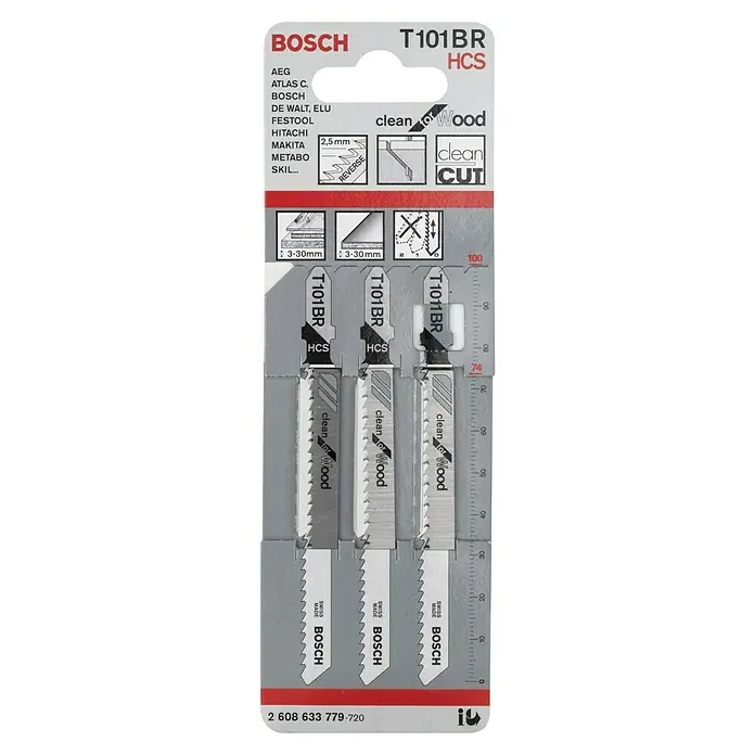 Bosch Hoja de sierra de calar T 101 BR - Madera / madera aglomerada, Vástago en T - Imagen de un paquete de hojas de sierra de calar Bosch T101BR HCS, ideal para cortes limpios en madera, calidad Swiss Made.