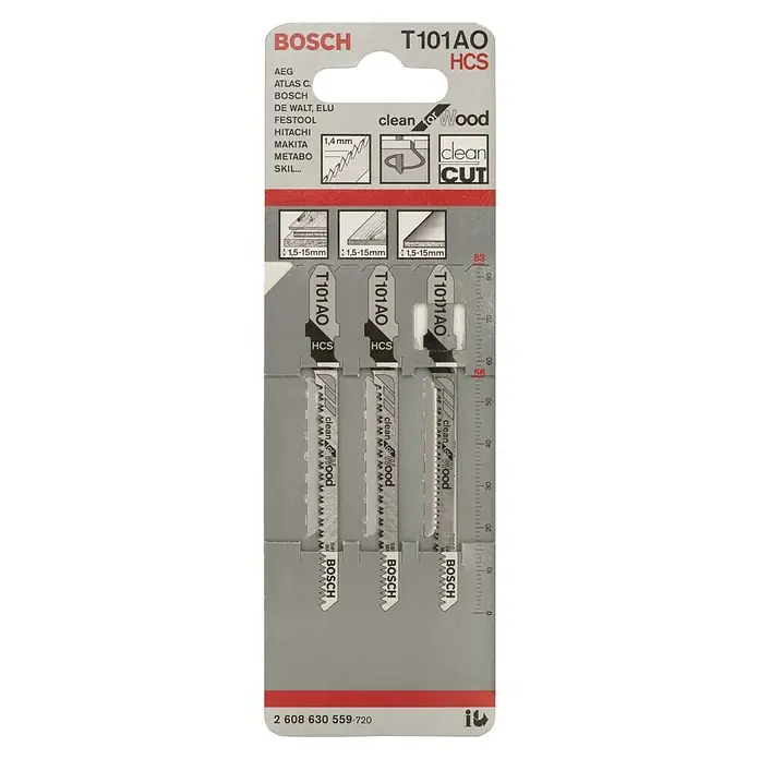 Bosch Hoja de sierra de calar 101 AO Clean for Wood - Madera, 3 ud. - Hojas de sierra de calar BOSCH T101AO HCS para cortes limpios en madera, ideales para varios grosores de madera de 1,5-15 mm.