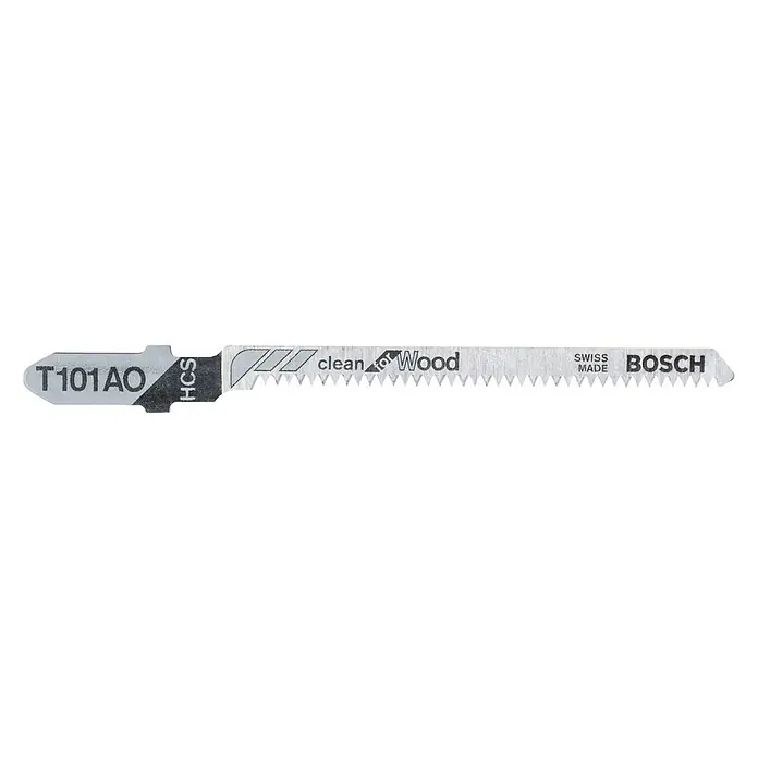 Bosch Hoja de sierra de calar 101 AO Clean for Wood - Madera, 3 ud. - La imagen muestra una hoja de caladora Bosch T101AO para cortes limpios en madera, Swiss Made. Ideal para proyectos de carpintería precisos.