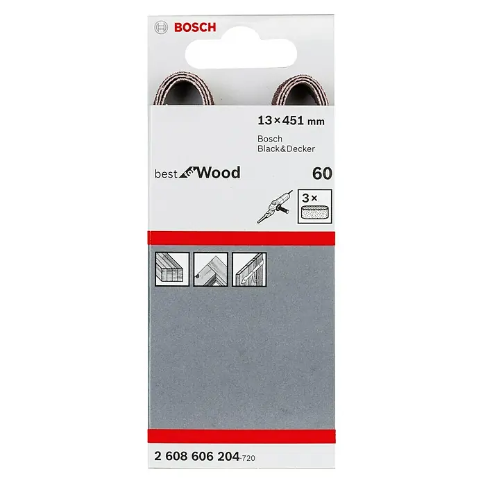 Bosch Set de bandas de lija X440 Best for Wood and Paint - An x L: 13 x 457 mm, Grano: 60 mm, 3 ud. - Un paquete de cintas de lijar Bosch "Best for Wood", con medidas de 13 x 451 mm y un grano de 60, ideal para aplicaciones de madera.