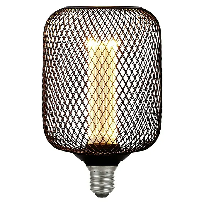 Searchlight LED-Lampe Zylinder Filigran - E27, Dimmbar, Bernstein, 120 lm, 3,5 W, Schwarz - Nahaufnahme einer dekorativen Glühbirne mit einem filigranen, dunklen Metallgitter, das ein warmes, vertikales Lichtelement umgibt.