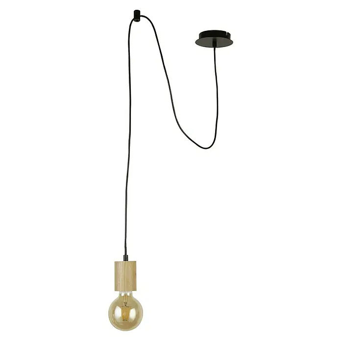 Searchlight Spinny Pendelleuchte - 60 W, L x B x H: 12 x 12 x 202,5 cm, Schwarz, E27 - Pendelleuchte mit Holzelement und dekorativer Glühbirne, die eine warme und gemütliche Atmosphäre schafft. Schwarzes Kabel für stilvolle Akzente.