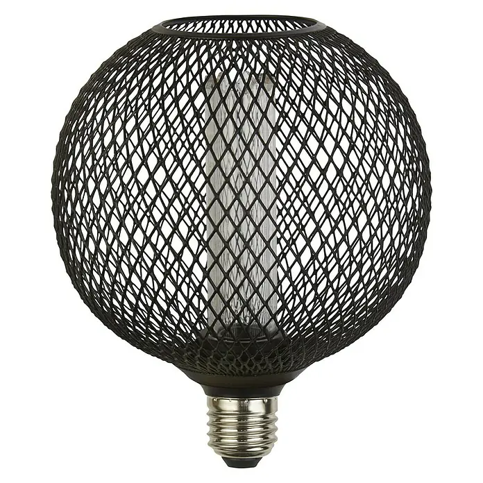 Searchlight LED-Lampe Kugel Filigran - E27, Dimmbar, Bernstein, 120 lm, 3,5 W, Schwarz - Schwarze Gitter-Glühbirne mit dekorativem Design. Die Lampe bietet ein warmes und einladendes Licht für jeden Raum.