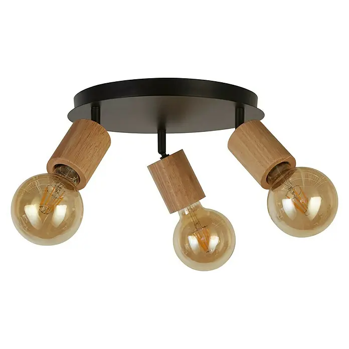 Searchlight Spinny Deckenstrahler - 180 W, L x B x H: 42 x 42 x 15 cm, Schwarz, E27, 3 Stk. - Deckenleuchte mit drei Lampen und Holzdetails, die ein warmes und modernes Ambiente schafft. Perfekt für Wohn- und Esszimmer.